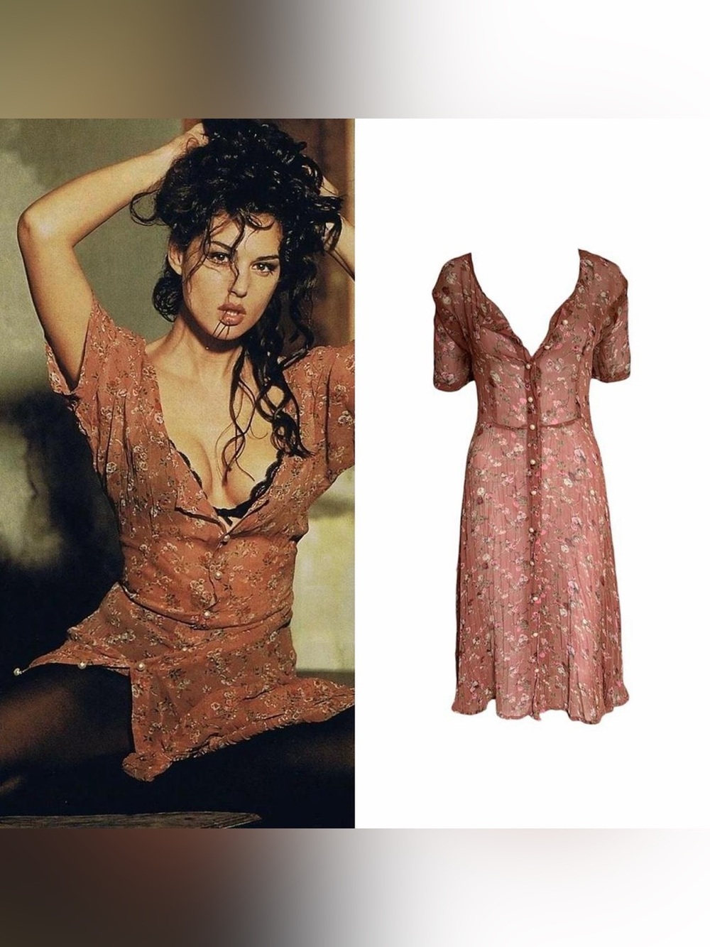 1980s Floral Pearl Button Down Sheer Dress As Seen On Monica Bellucci